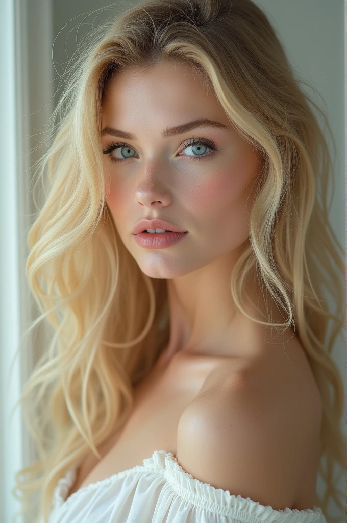 Blonde woman with blue eyes and fair skin