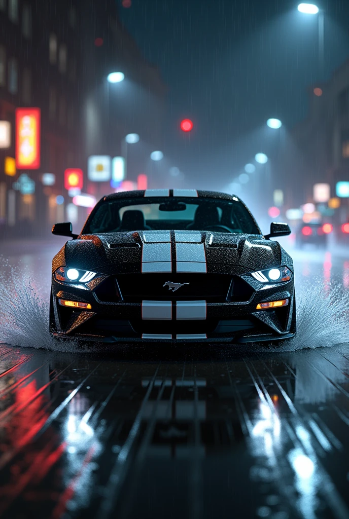 As a black Mustang GT with white stripes that looks like it's going at high speed leaving a trail in its wake, with elegance Let the atmosphere be a rainy night