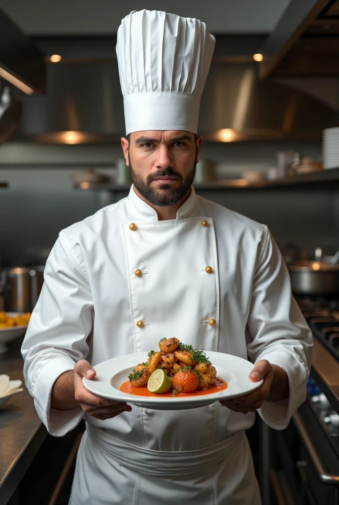 Black chef holding an empty plate
