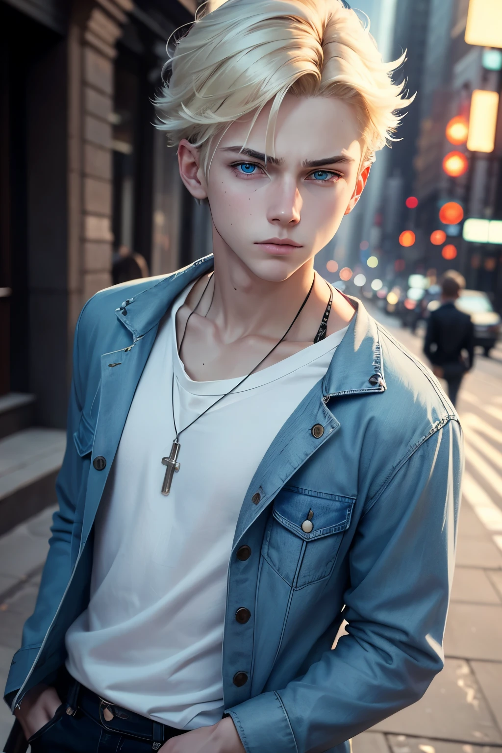 a 1 blonde American boy, young boy, detailed portrait, beautiful androgyne face, turquoise eyes, not smiling, full white t-shirt and blue jeans black jacket outfit, stylish outfit, realistic, photorealistic, 8k, masterpiece, cinematic lighting, new york streets, doesn't look friendly, high quality