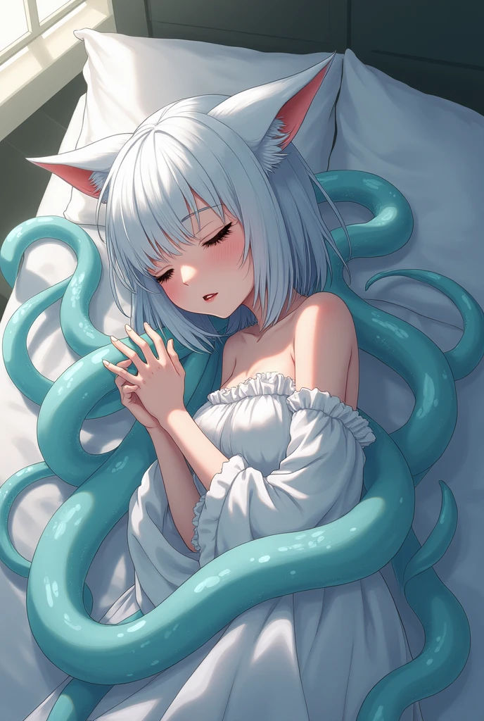 Japanese anime style，White-haired girl，Wearing white，Cat girl，A little bit of reality，On the bed，Being entangled and penetrated by slimy tentacles