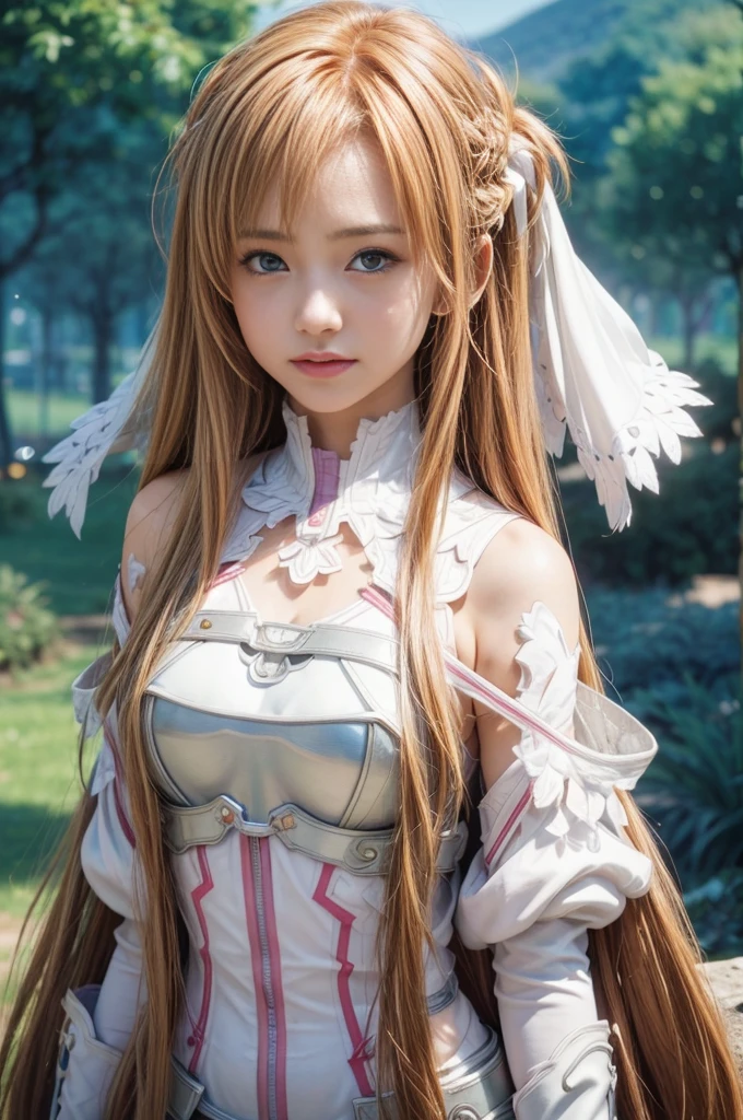 masterpiece, best quality, (realistic,photo-realistic:1.4), (RAW photo:1.2), extremely detailed CG unity 8k wallpaper, delicate and beautiful, amazing, finely detail,official art, absurdres, incredibly absurdres, huge filesize, ultra-detailed, extremely detailed, extremely detailkcaled girl,extremely detailed eyes and face, light on face,little smiles,(long hair:1.3),(caramel hair:1.3),(night background:1.4),nature,small breast,yuuki asuna,(wearing white armor:1.5)