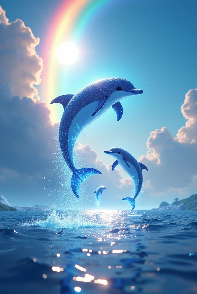 in the blue sky, Glowing dolphins jumping over the ocean, with a rainbow behind and raining glitter with a sun