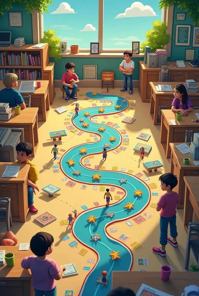 Make a board game that has paths where you can see different scenarios that can occur in a school, leaving space for some cards with cases.