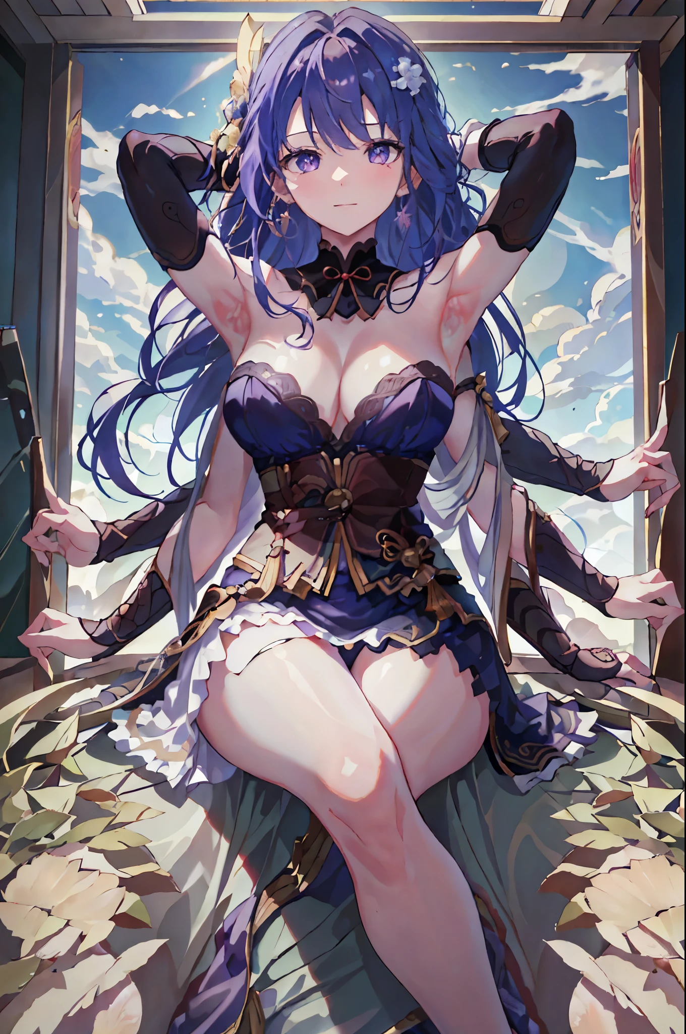 (Masterpiece, best quality), best resolution, (3 heads:1.5), 1 girl, Shogun Raiden, purple hair, Same hair color, Same eye color, Necks side by side, Necks are spaced equally across the shoulders., smile, outdoor,DSLR Photos, (8ก, 4K, Masterpiece),(Masterpiece, best quality), best resolution, (3 heads:1.5),Arms separated,arm circle, (Put your hands on your head...), (lower hand on ankle), (lower hand on leg), Full content in the frame, full body view, (four arms),(Multi-arm),(many hands), รูปร่างเพรียวบาง Masterpiece,best quality,best resolution,1 woman,many heads, upper body, รอยsmile, Facing the audience,big breasts,simple background,Beautiful face,Beautiful hair,beautiful eyes,beautiful body,Beautiful hands,conjoined twins