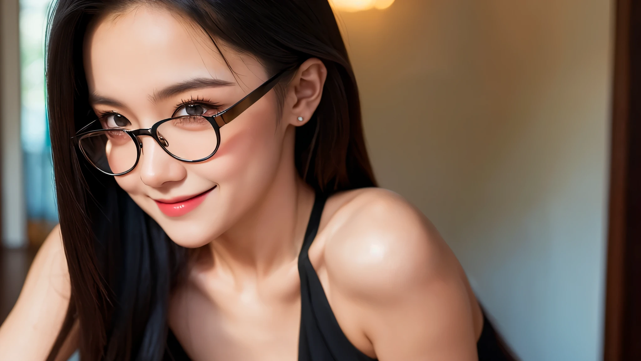 A 16k realistic portrait masterpiece, realistic soft detailed lines, highest resolution, every detail, meticulousness, depth of field, bright colors, beautiful composition: a girl Teenage girl wearing glasses smiling happily, light makeup with black hair and beautiful innocent detailed eyes, standing on a dark and ominous scene. sexy silk dress.
