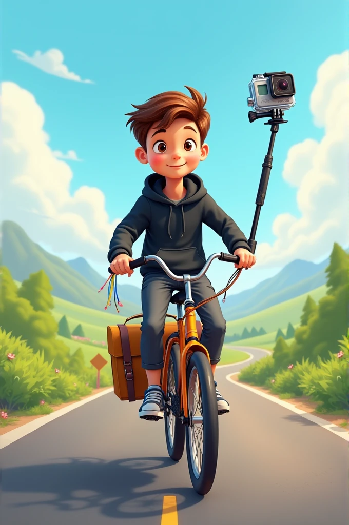 A cartoon traveler boy sitting on the bike with the gopro with the selfie stick with the free road by wearing black hoodie.