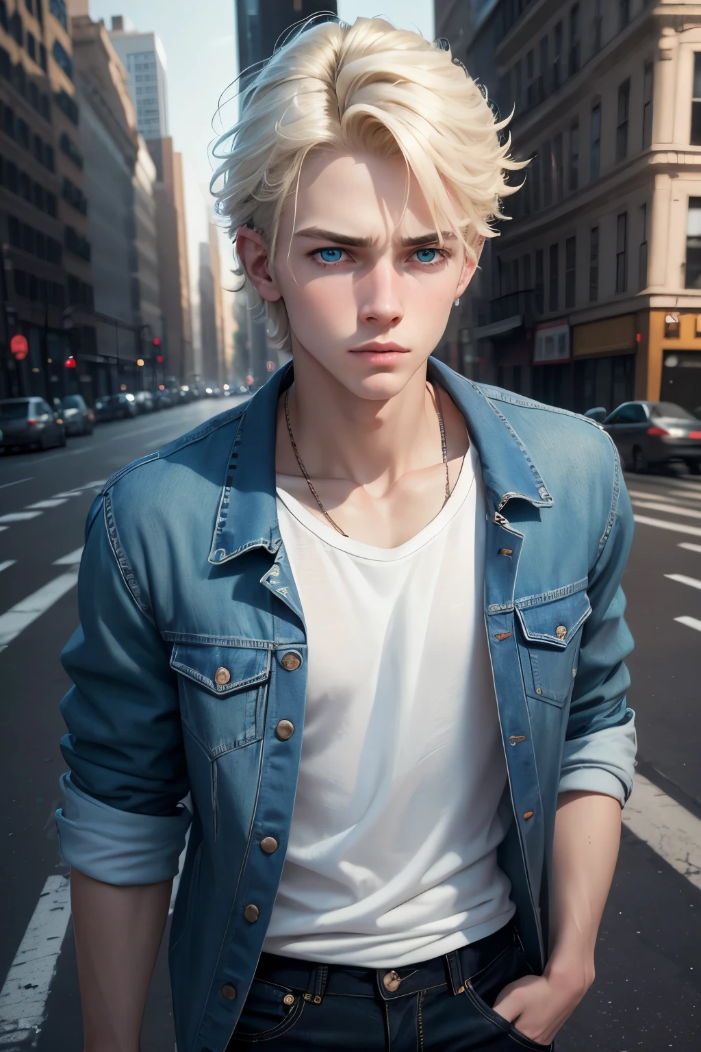 a 1 blonde American boy, young boy, detailed portrait, beautiful androgyne face, turquoise eyes, not smiling, full white t-shirt and blue jeans black jacket outfit, stylish outfit, realistic, photorealistic, 8k, masterpiece, cinematic lighting, new york streets, doesn't look friendly, high quality