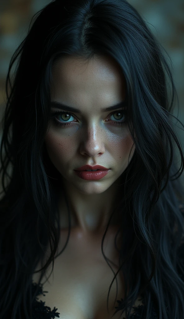 (best quality,4k,8k,highres,masterpiece:1.2),ultra-detailed,(realistic,photorealistic,photo-realistic:1.37),1girl,beautiful detailed eyes,beautiful detailed lips,extremely detailed eyes and face,longeyelashes,black curly hair,demon gaze,dark fantasy,dramatic lighting,cinematic composition,moody atmosphere,dark colors,chiaroscuro,dramatic shadows