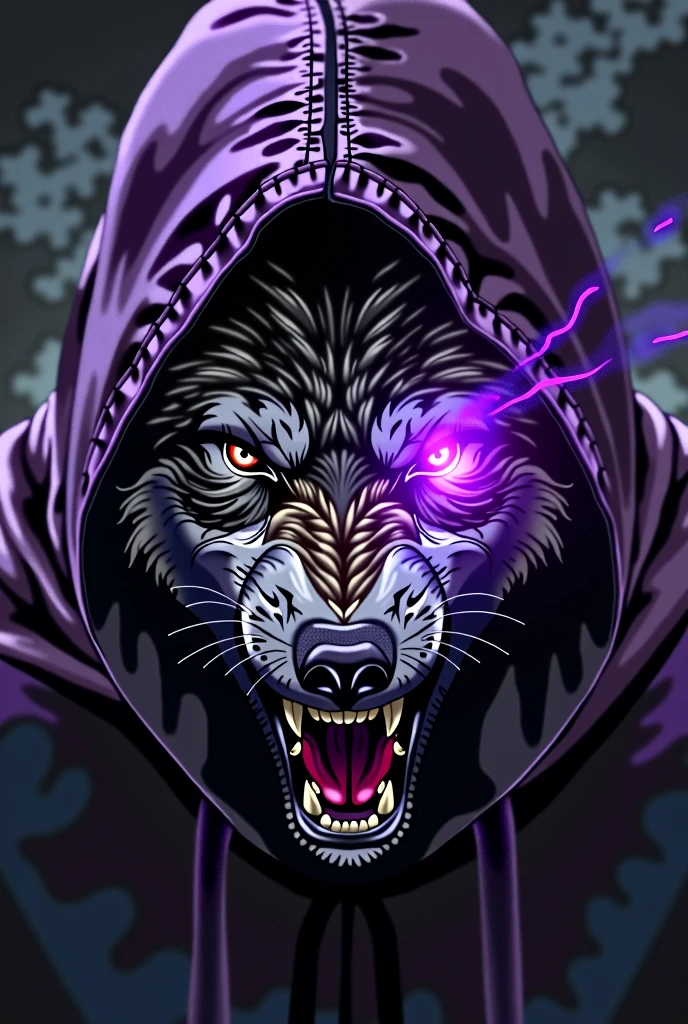 An illustration of an angry wolf&#39;s face, that the left front part of the face is covered by a purple hood and that purple rays are projected from its right eye 