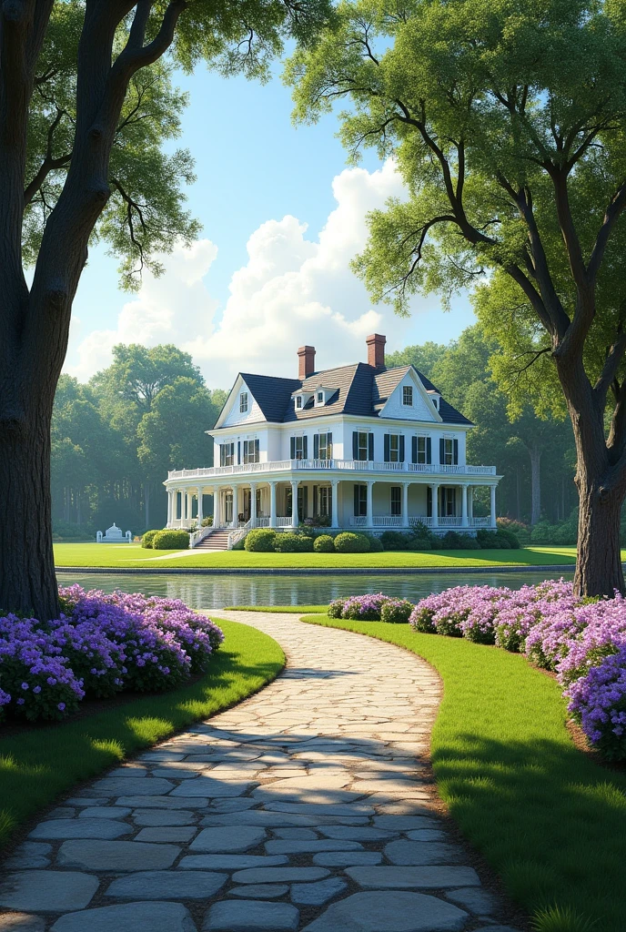 I want you to do something realistic in a plantation field, a huge white house with flowers in the windows and flowers on the porch and around it a beautiful green lawn with a lake to get to the house, a stone road that cars can pass through and around the road a sequence of trees and below it a sequence of bushes with purple flowers.