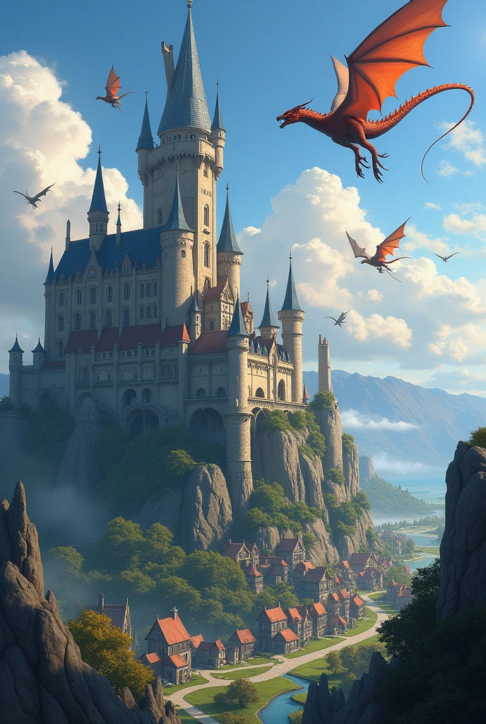 A castle with dragons, on the edge of a village