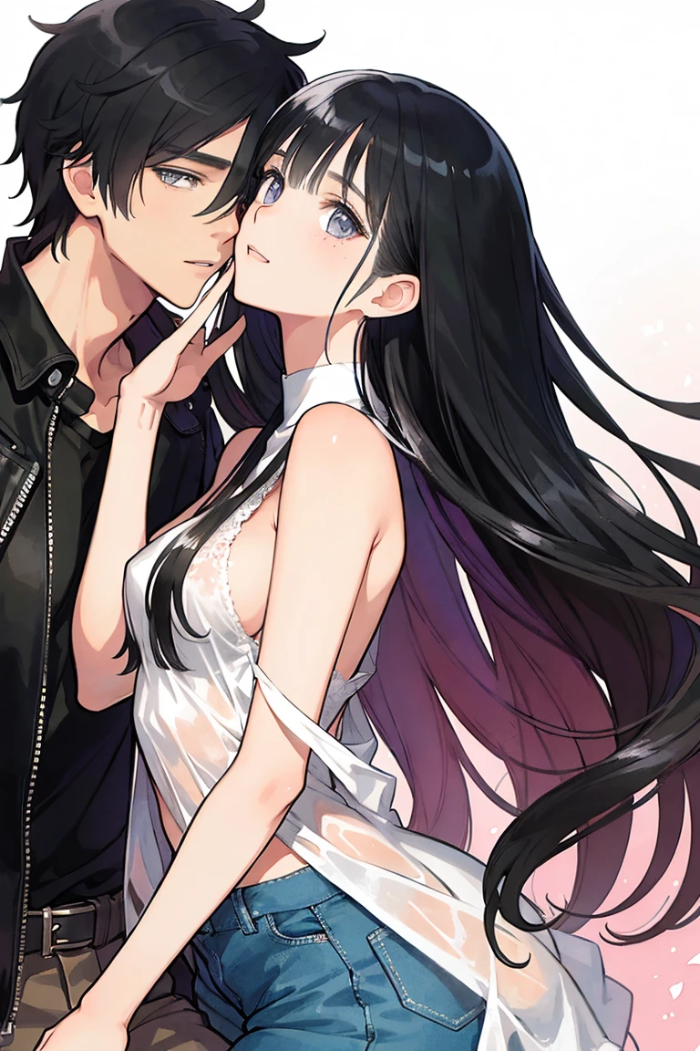 man and woman, couple, love, mature, a cat woman, she has freckles, she has dark brown eyes and an upturned nose, she is happy and smiling, she has long wavy hair, black hair, she is wearing aviator sunglasses with clear lenses in a soft watercolor style. The girl's clothes must be pink, purple, and blue in celebration of the bisexual, with stains of ink and watercolor mixing and filling the scene. he has blonde hair, he is handsome, he is slim. There should be a subtle, nuanced change in colors using the impasto technique with gouache paint. There should be a light rain in the watercolor painting with a little watercolor paper texture and a pastel background.