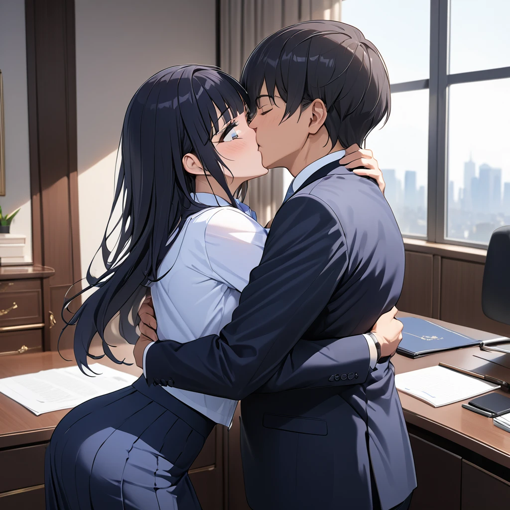 ((Highest quality)), ((masterpiece)), (detailed), (Perfect Face)、The woman is Reika Aoki with semi-long hair、The woman is a secretary to the president of a large company, wearing a high-end suit and a high-end long tight skirt, and is being embraced and kissed by the president.