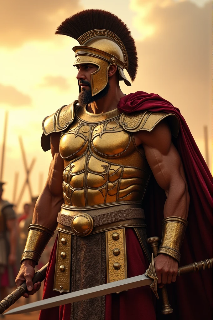 Crée moi un guerrier spartiate avec une armure dorée. Il doit être imposant, avec une épée magnifique 