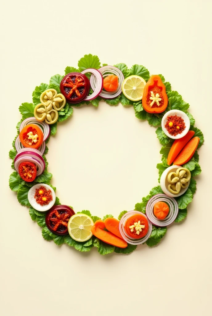 I want a circular image of the following: a salad with pickled onions,carrot,Chile,with a blank space in the middle