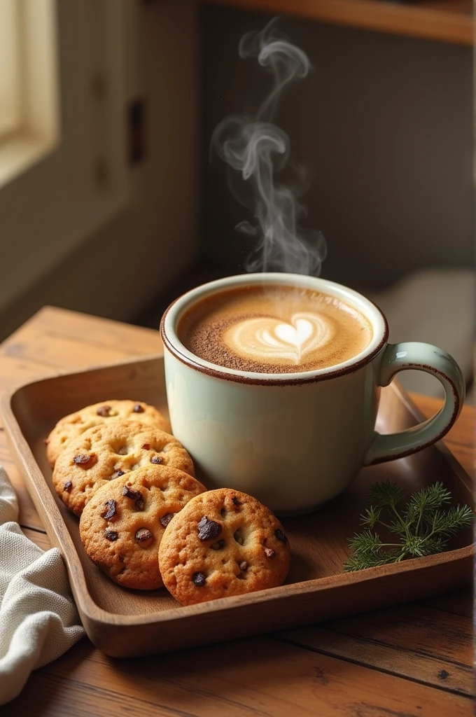A packet of cookies and a mug of coffee together in a tray. generate an image