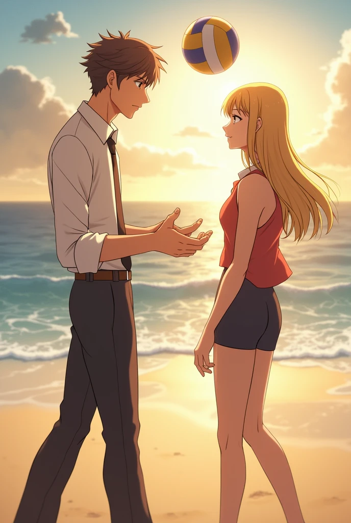 Apollo justice from ace attorney on the beach with Klavier Gavin from ace attorney passing a volleyball (ship Apollo and Klavier)
Klavier has long blond shoulder length hair twisted in one.
Apollo has mid length brown hait with to spike ahoge.