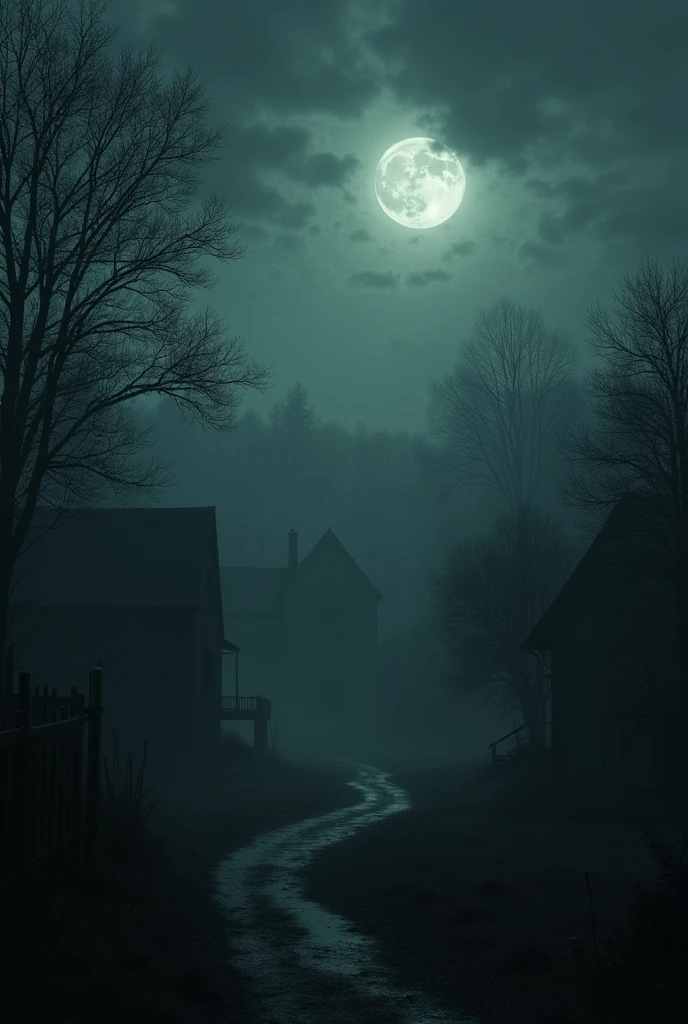 Prompt: A dark, eerie night with a quiet village surrounded by dense, mysterious shadows. The moon is obscured by clouds, and the village appears still, with only the faint outlines of houses visible.