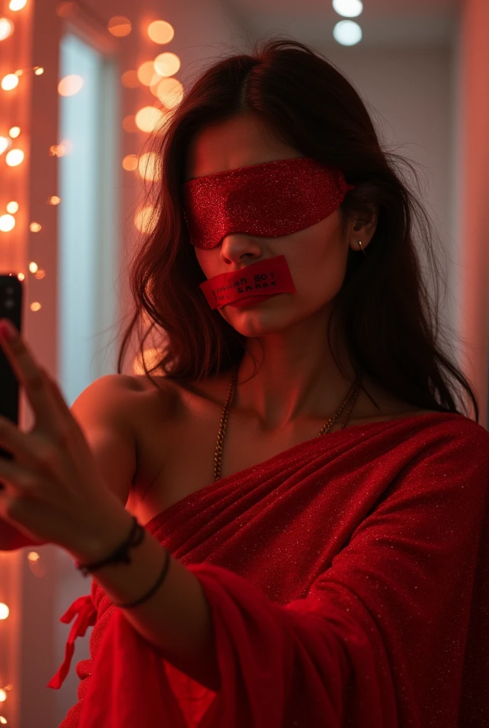 Aesthetic girl blindfolded duct tape gagged in red sparkling shimmering saree taking selfie tape gagged