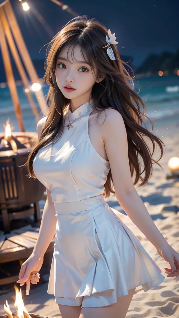 ulzzang-6500-v1.1, (RAW photo: 1.2), (Real photo), (Real photo: 1.4), 1 girl、Perfect anatomy、1、Looking at the camera、Medium length hair、white dress, white skirt, Dancing by the campfire on the beach at night, with stars, ((by the beach at night: 1.1))、(Business service)、Asian eyes Ella,