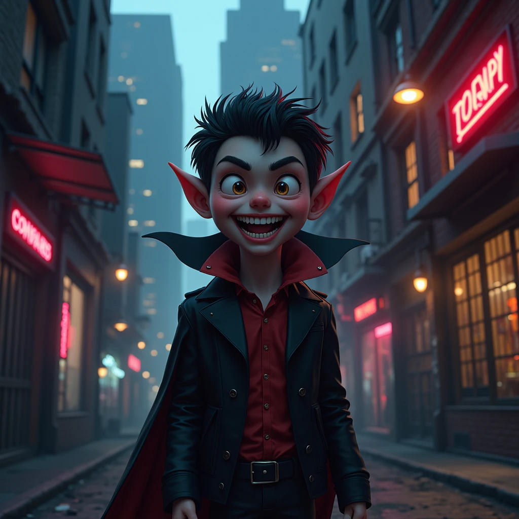 Draw a happy vampire in a dark city