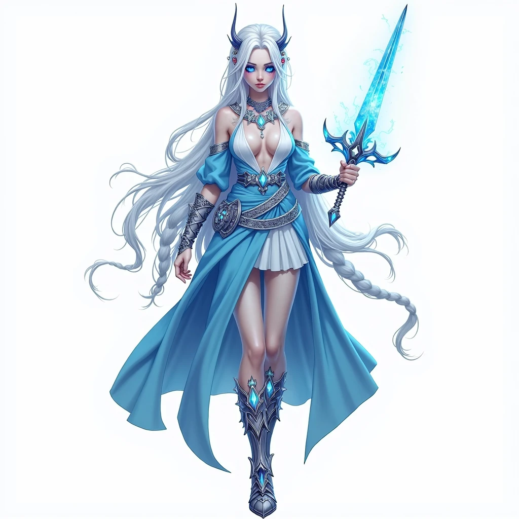 (wearing big rayban aviator sky blue tinted sunglasses), (left wristband contains steampunk clocks), (watches and time related engines), (boots contain fancy silver embroidery), (using silver hoops for earrings), (the front part of the hair have been partially dyed cyan), (blue lipstick), (full body view), (walking), (background white), (a woman with wings and a halo), (ice sorceress), (ice mage), (full portrait of elementalist), (world of warcraft art style), (beautiful ancient frost witch), (clothed in ethereal battle armor), (painted in the style arcane), (clothed in ethereal armor), (epic mage girl character), (mystical atlantean valkyrie), (ice crystal armor), (white shiny hair in high-wide pigtail braided ponytails), (metal, diamond and silver accessories), (fancy silver crystal artistic boots with spikes and dragonic look with white diamonds and big pointy heels), (shiny silver satin belt with white crystal diamond in the middle), (wearing extra silver and diamond jewellery such as rings, earrings, wristbands, armbands, necklaces, choker, tiara, hair clips), (weapon glows with blue fire and lightning), (huge anime big large and cute gray eyes with long eyelashes), (intricate detailed white hair decorations with braided pigtails and long normal hair), (artistic tattoos highlighting her edgy persona), (cute pretty beautiful symmetric face, cute nose, juicy shiny silver lips), (symmetry), (dual colored open wrap blue ballgown dress with cyan textures and white embroidery), (cyan satin schoolgirl style skirt), (white stockings with cyan laces attached on the underpants), (blue tinted sunglasses with silver frame and diamonds), (holding a glowing blue dagger in her right hand), (using left hand to cast a spell orb blue shiny ball made of energy, fire and electricity)
avoid (lowres, text, error, cropped, worst quality, low quality, jpeg artifacts, ugly, duplicate, morbid, mutilated, out of frame, extra fingers, mutated hands, poorly drawn hands, poorly drawn face,