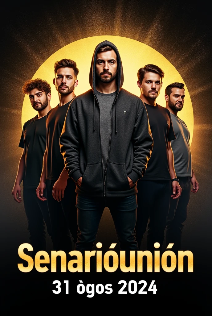 Poster of band group singer with one hoodie man, one chubby man, and four handsome man. Color the background with black and gold. Write on that showcase SENARIOUNION 31 Ogos 2024