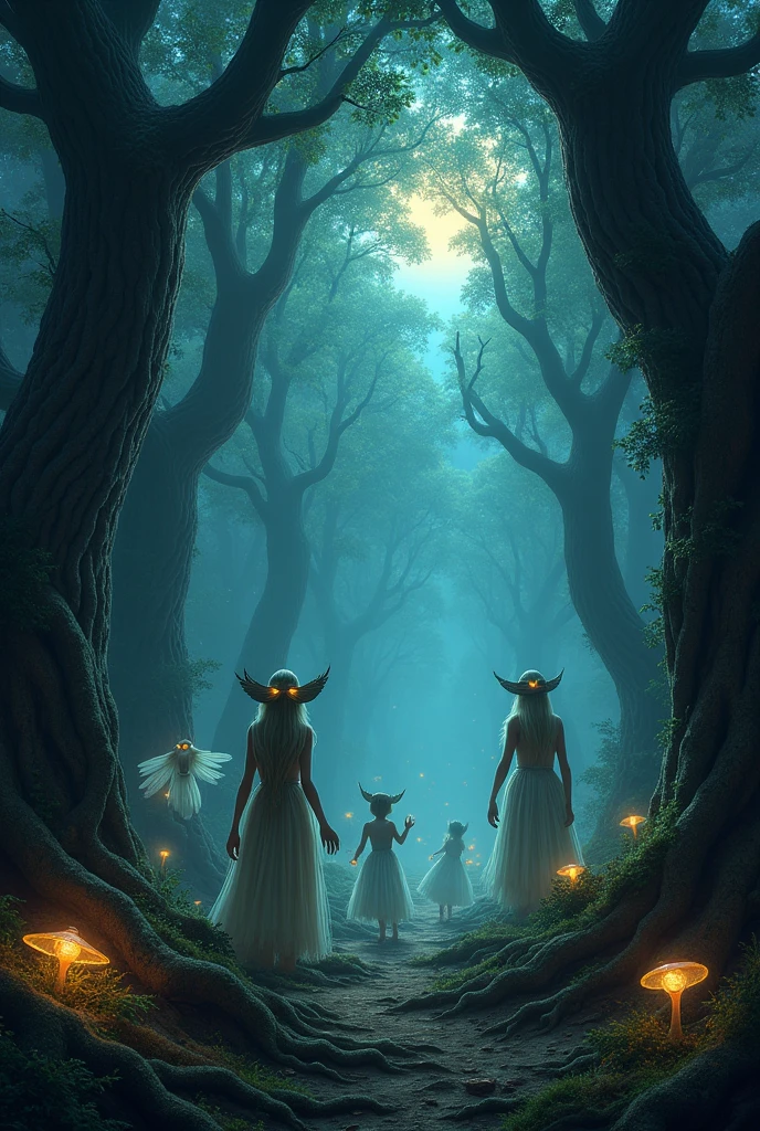 a dark forest with magical creatures