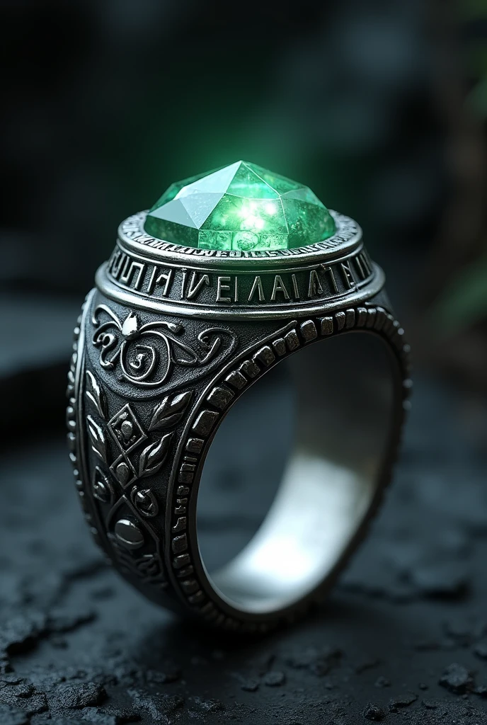 Creator Ring with a silver colour in Greek with the Sanskrit language whose basically are demon is trapped in that rain who has long live before and the rings should be in silver in collar inscripted with an ancient sanskriti language which has the glow energy of powerful caller also the put gem in the middle