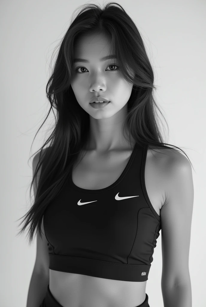 ((best quality, 8k, masterpiece :1.3)), This photograph captures a striking image of a young Asian woman with a strong and confident presence. She is dressed in a simple athletic top, featuring the iconic Nike logo, indicating a focus on sports or fitness. The monochromatic color scheme emphasizes the contrasts and textures within the image, drawing attention to her features and the contours of her body.

The composition centers on the woman's face and upper body, with her long, straight hair cascading naturally around her face and shoulders. A few strands of hair fall across her face, adding a sense of movement and casualness to the image. Her expression is serious and intense, with her eyes directly engaging the viewer. She holds one arm above her head, slightly tousling her hair, which further accentuates the confident and relaxed pose.

The use of lighting in this photograph is particularly noteworthy. It highlights the smoothness of her skin and creates subtle shadows that enhance the depth and dimensionality of the image. The background is kept neutral and unobtrusive, ensuring that the focus remains entirely on the subject.

Overall, this image exudes a sense of strength, beauty, and athleticism, captured in a minimalist yet powerful way through the use of black and white photography. The choice of a monochrome palette allows the viewer to focus on the emotional and physical presence of the subject without the distraction of color.