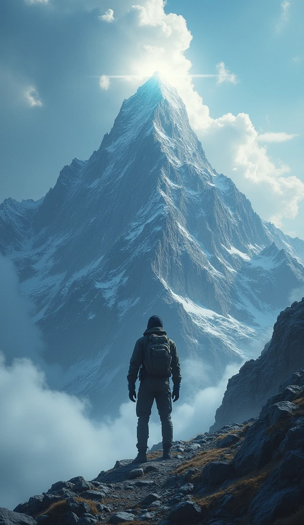 A determined person standing at the base of a tall, rugged mountain, gazing upward towards the peak where a shining light symbolizes their dreams.