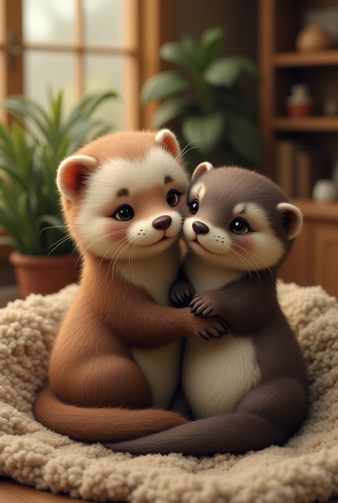 Domestic ferret cuddling an otter
