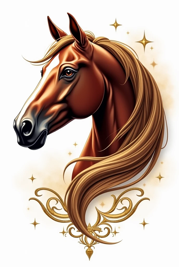 Design a luxurious and eye-catching logo featuring the head of a magnificent horse with a flowing, lustrous mane. The horse head should be portrayed in a graceful and majestic manner, showcasing its strength and beauty with intricate details such as glistening eyes, soft shadows, and smooth contours. Incorporate rich, vibrant colors like deep chestnut, gold, and silver highlights to make the horse appear more lifelike and captivating. Add elegant and subtle decorative elements around the horse head, such as delicate filigree, ornate swirls, or gentle light flares, to enhance the sense of elegance and grandeur. Include the text "Parelli Natural Horsemanship" in a sophisticated, bold serif or cursive font that complements the design’s elegance and prominence. The font should have subtle embellishments to add an extra touch of refinement. Ensure the entire logo design is balanced and visually harmonious, with a transparent background to allow for versatile use on various platforms.