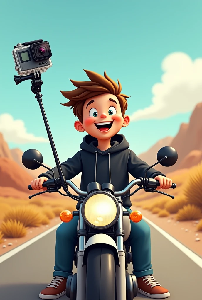A cartoon traveler boy sitting on the motorcyclewith the gopro with the selfie stick with the free road by wearing black hoodie.