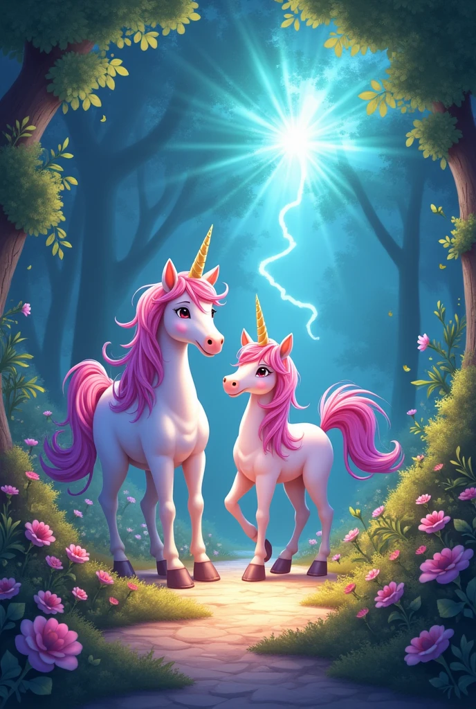 Create an image for story book title is The Adventure of Sparkle the Unicorn
Sparkle thought hard, and then she smiled. "It's a piano! A piano has keys and plays music!" she exclaimed.
Suddenly, the stone glowed, and a hidden path appeared before them. Twinkle clapped her hands in delight, and the two friends continued on their journey.