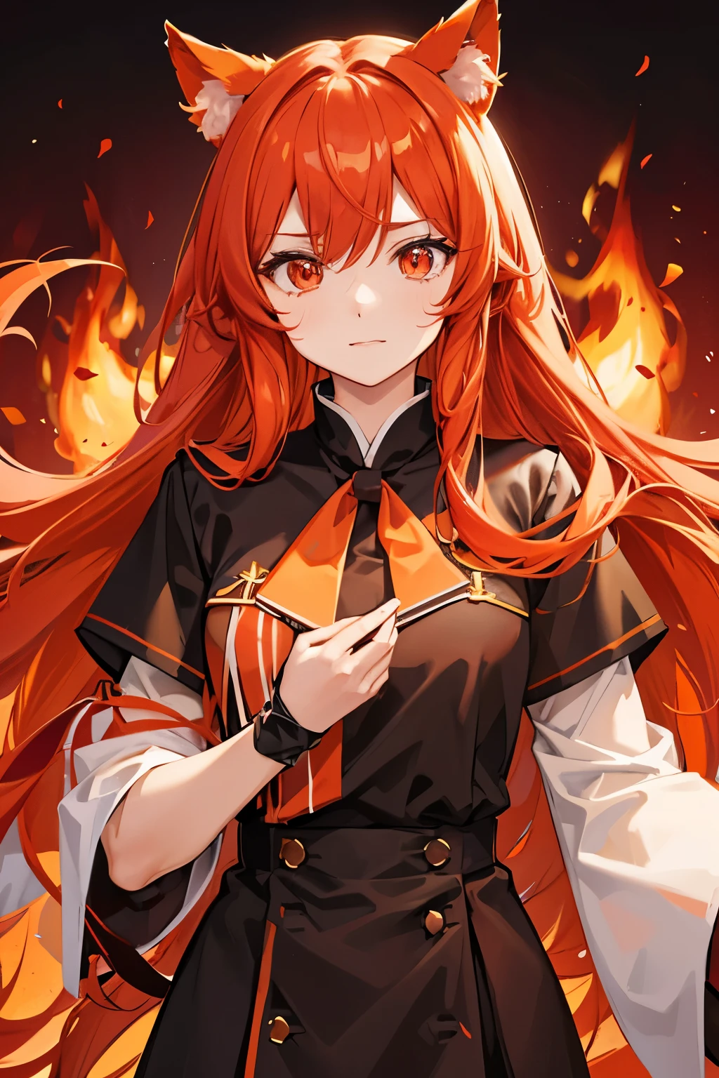 Long red hair、orange gradation、Black uniform、Light orange ribbon on chest、knife、The surroundings are burning、Animal ears、Red eyes、anime