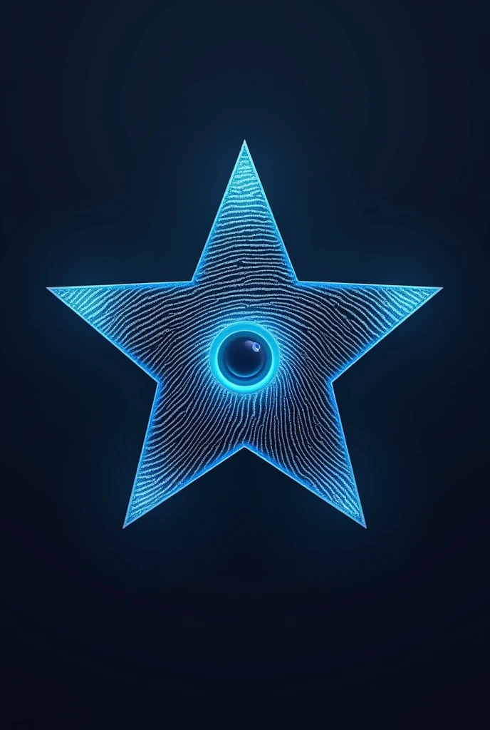 A 5-pointed star logo with a fingerprint background without relief and a cool security camera lens in the center