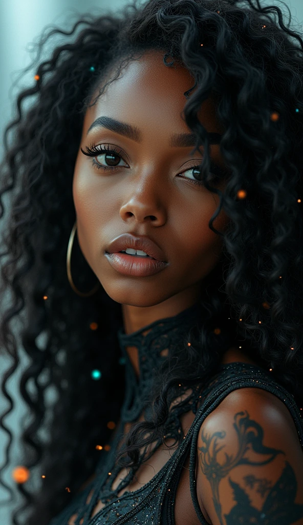 Une belle femme comme Rohan à couleur marron au cheveux type 4c long frisé noir qui a un regard hypnotique qui semble humain cyber réaliste