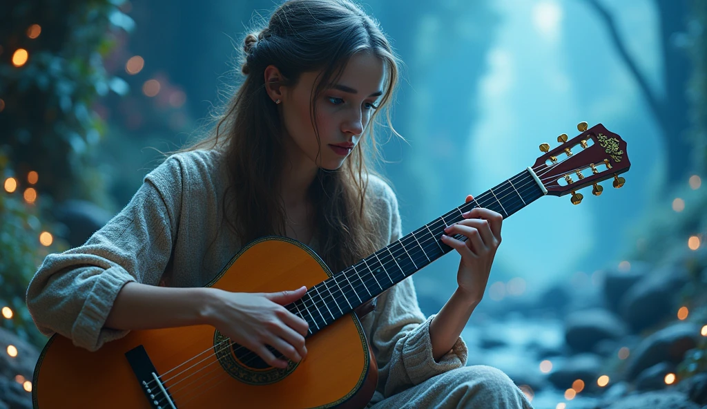 ((best quality)), ((masterpiece)), (detail), perfect face, panoramic photo of a young europe woman playing guitar on the mythical world, woman with V-line face and blue eyes, sparkling and magical light, magical light, sparkling light, 8k, ultra high resolution, sharp face