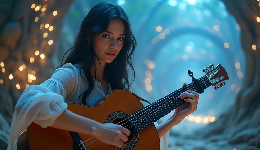 ((best quality)), ((masterpiece)), (detail), perfect face, panoramic photo of a young europe woman playing guitar on the mythical world, woman with V-line face and blue eyes, sparkling and magical light, magical light, sparkling light, 8k, ultra high resolution, sharp face