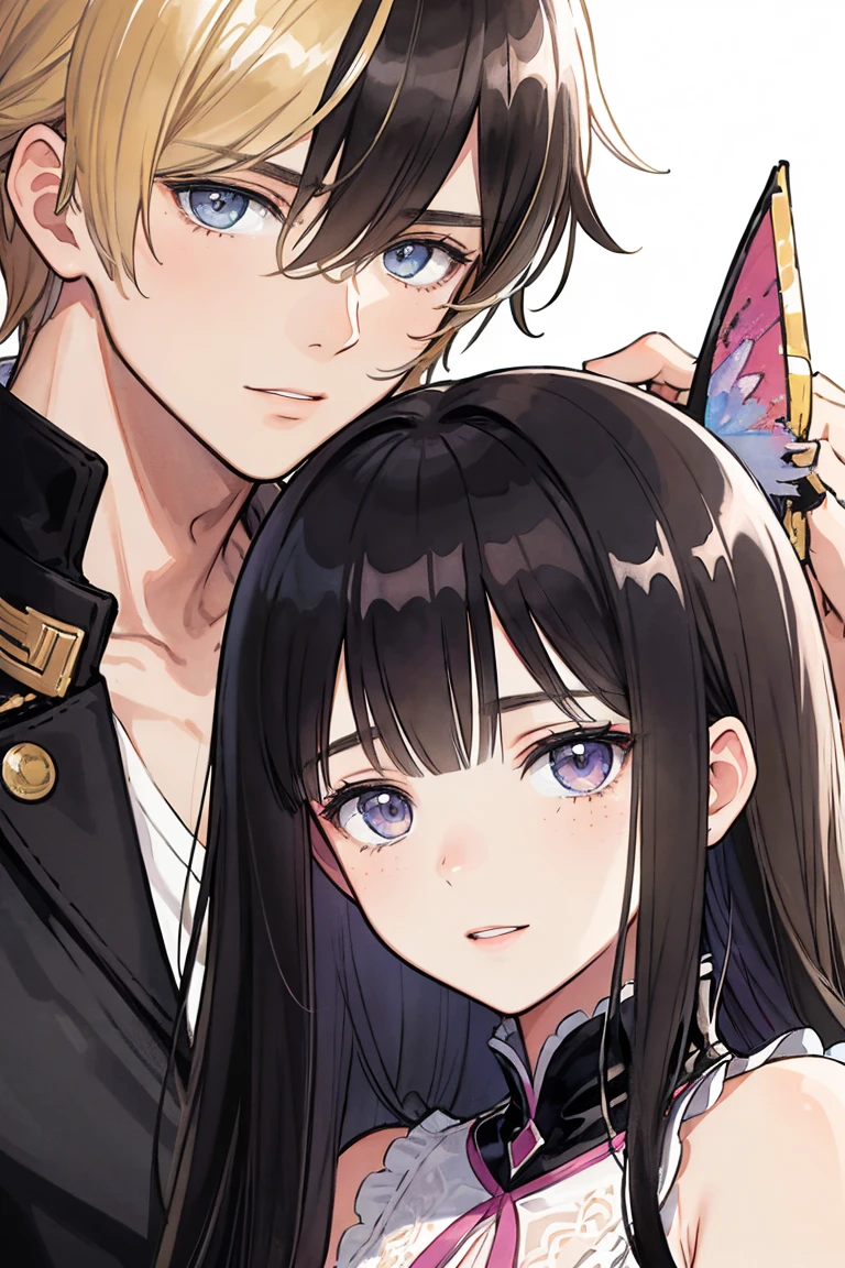 man and woman, couple, love, mature, a cat woman, she has freckles, she has dark brown eyes and an upturned nose, she is happy and smiling, she has long wavy hair, black hair, she is wearing aviator sunglasses with clear lenses in a soft watercolor style. The girl's clothes must be pink, purple, and blue in celebration of the bisexual, with stains of ink and watercolor mixing and filling the scene. he has blonde hair, he is handsome, he is slim. There should be a subtle, nuanced change in colors using the impasto technique with gouache paint. There should be a light rain in the watercolor painting with a little watercolor paper texture and a pastel background.