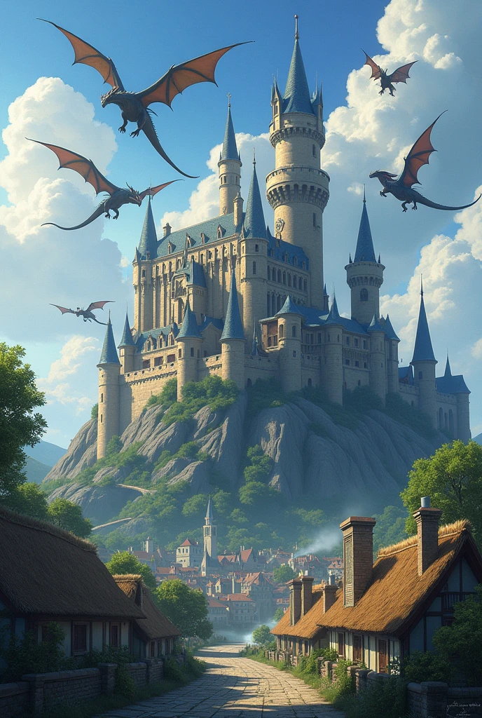 A castle with dragons, on the edge of a village