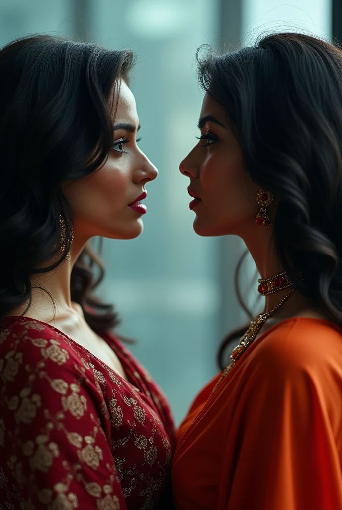 Two Indian beauty women age 30 , beautiful Indian faces, blue eyes detailed,red lips detailed curvy sexy bodies figure,both women big tit ass ,big , wearing salwar kameez cotton,both women rivals stare each other angrily in office standing nose to nose pinned against wall grind bodies toghter lips touching,ultra HD 4k masterpiece, realistic