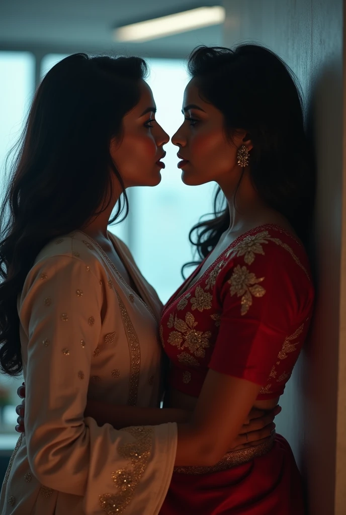 Two Indian beauty women age 30 , beautiful Indian faces, blue eyes detailed,red lips detailed curvy sexy bodies figure,both women big tit ass ,big , wearing salwar kameez cotton,both women rivals stare each other angrily in office standing nose to nose pinned against wall grind bodies toghter lips touching,ultra HD 4k masterpiece, realistic