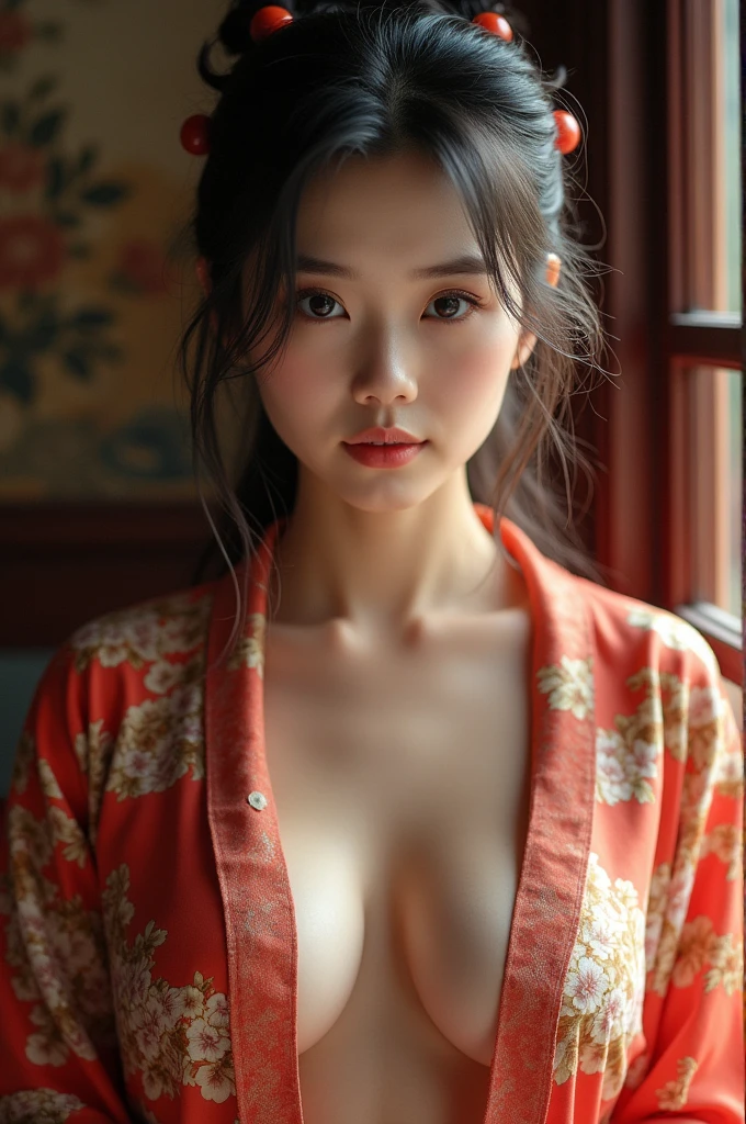 Cute chinese girl, wears chinese traditional shirt, out from shirt, i can see her pussy, fatal position, realistic