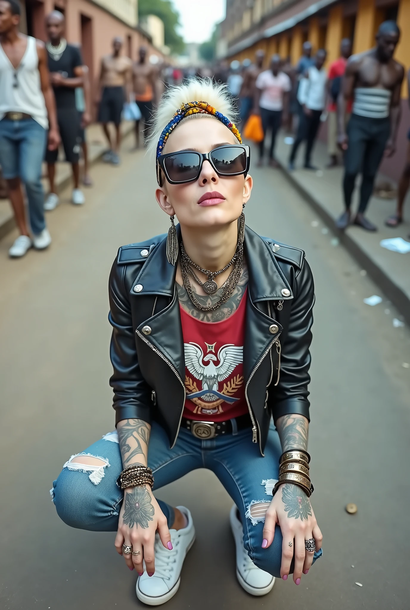 russian old milf woman, , blonde platinum hair (beehive bun) and wide colourful bandana as headband). Wearing oversized square maxi sunglasses. Square jaw, with very light green eyes, extremely pale. No tan. Wearing aged cropped black moto jacket (zippers on the side). Cropped short dark red push up t-shirt, faded push up t-shirt with a spread wings eagle holding a laurel wreath logo and gothic lettering,, dark skinny low rise blue jeans with holes on knees (white cotton visible). White tennis sneakers and bead bracelets around ankles. Lots of thick wide studded bracelets, chain collars and big rings. Tacky wide studded leather belt with swastika oval buckle. Long earrings with chains and feathers. Squatting, chin up looking at the sky, stretching her neck.. Hands on knees, spread legs, Toned abdominals, thin neck, slim legs and thin arms. Narrow hips. Heavily tattooed in colour on chest, hands, neck and arms. Garbage and waste on the ground. Crowded dirt street of Nairobi with shirtless men crowding behind her