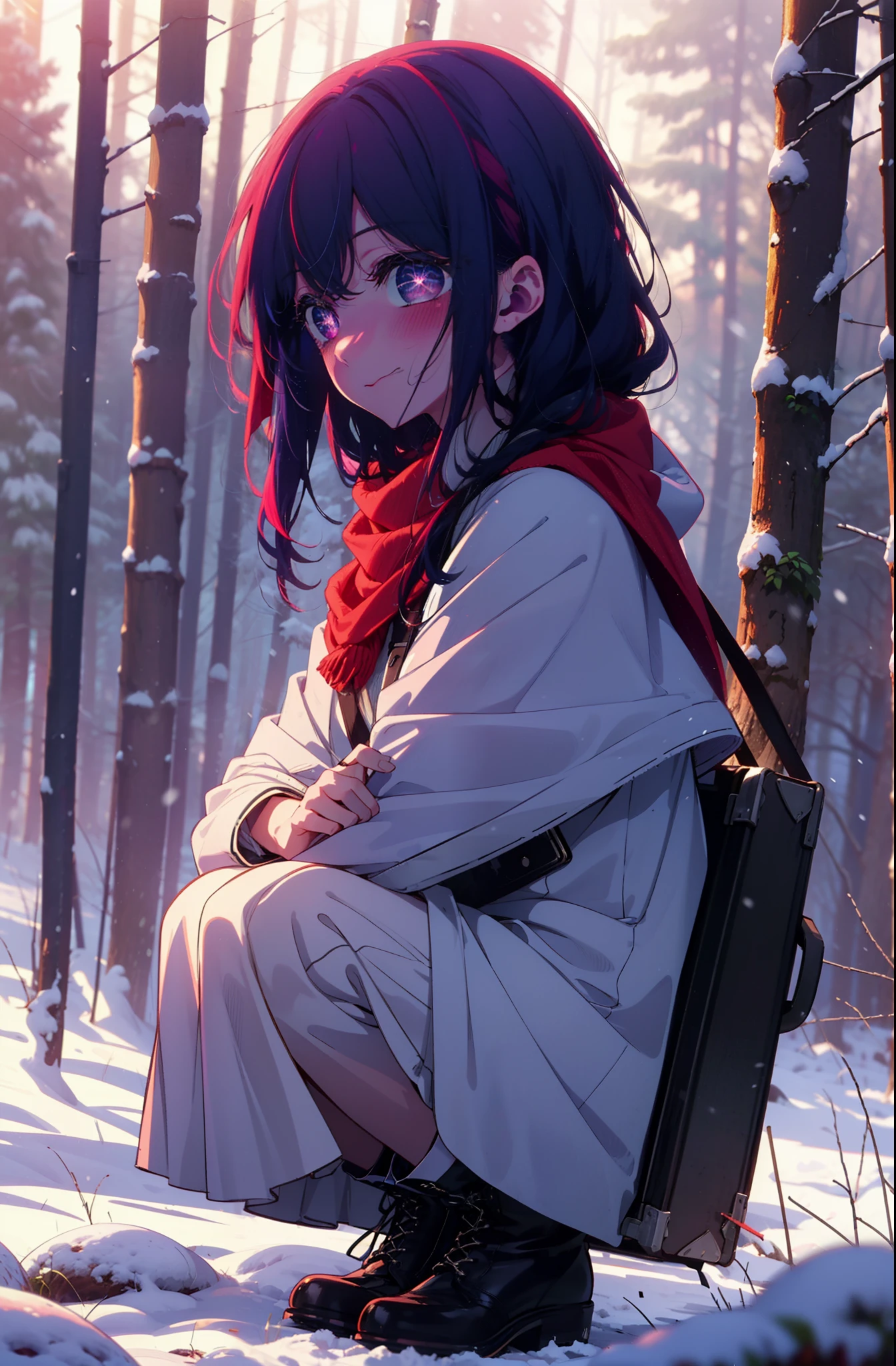 aihoshino, Ai Hoshino, Long Hair, bangs, (Purple eyes:1.1), Purple Hair, (Symbol-shaped pupil:1.5), smile,,smile,blush,white breath,
Open your mouth,snow,Ground bonfire, Outdoor, boots, snowing, From the side, wood, suitcase, Cape, Blurred, , forest, White handbag, nature, Squat, Mouth closed, Cape, winter, Written boundary depth, Black shoes, red Cape break looking at viewer, Upper Body, whole body, break Outdoor, forest, nature, break (masterpiece:1.2), Highest quality, High resolution, unity 8k wallpaper, (shape:0.8), (Beautiful and beautiful eyes:1.6), Highly detailed face, Perfect lighting, Highly detailed CG, (Perfect hands, Perfect Anatomy),