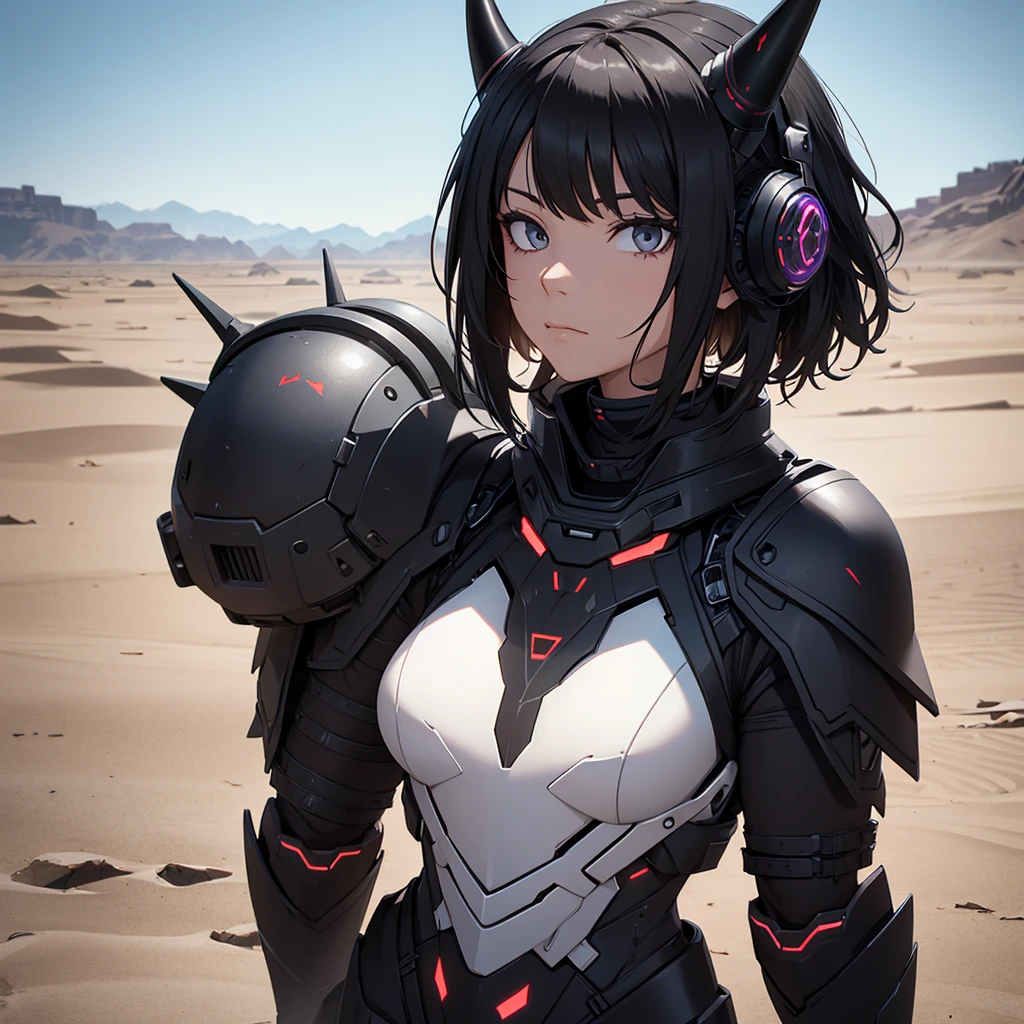 Make a character. alone. She must have black futuristic armor. In addition to having technological horns. It should be in a desert setting. short-hair.