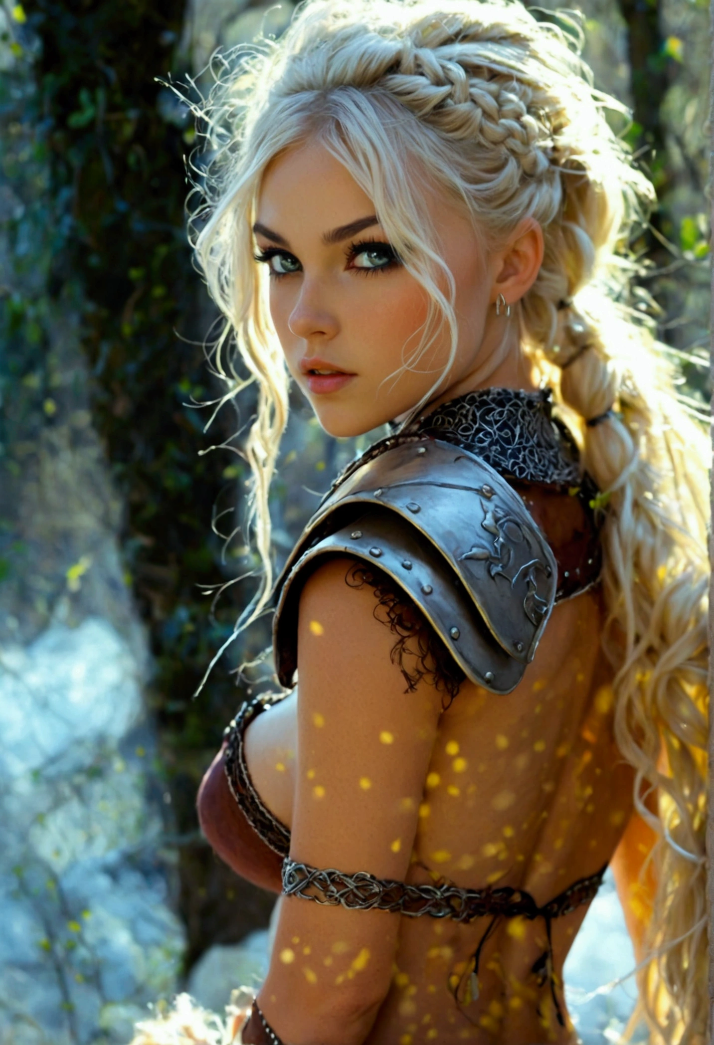 Create an image of the most stunningly gorgeous beautiful perfect sexy small little viking girl, very long flowing hair, stunningly gorgeous beautiful perfect soft feminine face, long luscious eyelashes, black eyeliner, black eye shadow, curved eyebrows, sexy seductive facial expression, lace choker collar, torso, Gigantic large breasts, small waist, curved hips, hart shaped ass, toned legs, facing back looking forward, nude, completely naked,